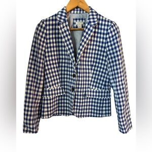 J. Crew Factory Blue White Gingham Linen Blend Blazer Jacket Size 6 Preppy